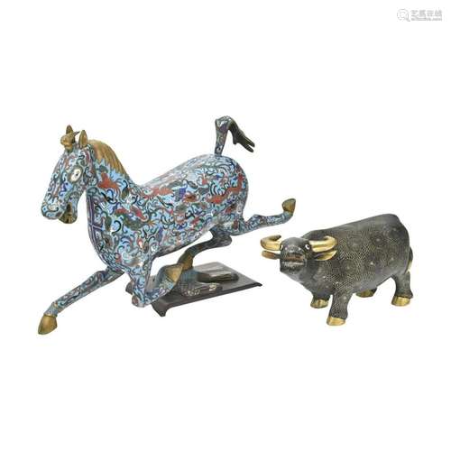 Two Chinese Cloisonne Items: A Horse and a Buffalo