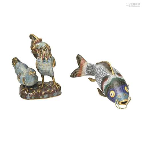 Two Chinese Cloisonne Items: Koi Fish and Chicken Group