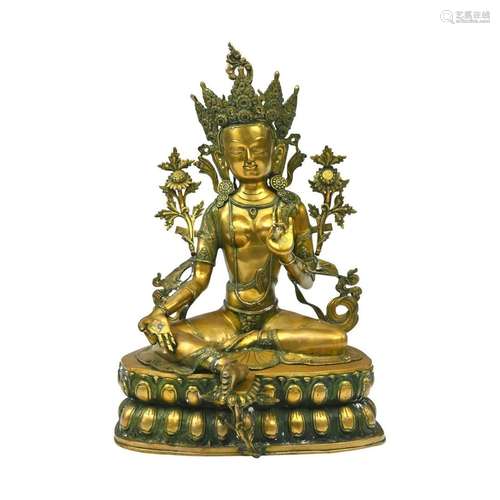 Large Sino-Tibetan Gilt Bronze Alloy Green Tara