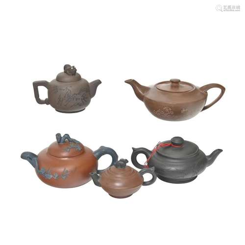 Group of Five Chinese Yixing Teapots