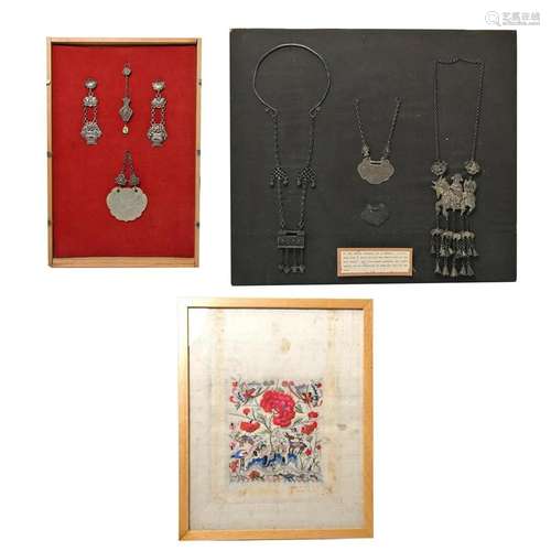 Two Chinese Silver Necklace on Boards with a Panel