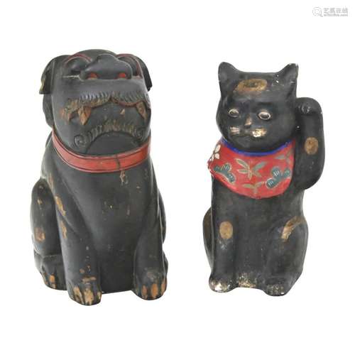 Two Wooden Figures, Foo Dog and Cat