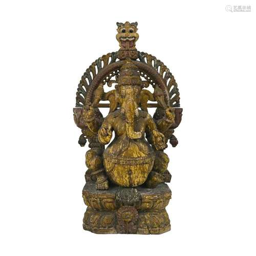 An Indian Carved Wood Statue of Ganesha