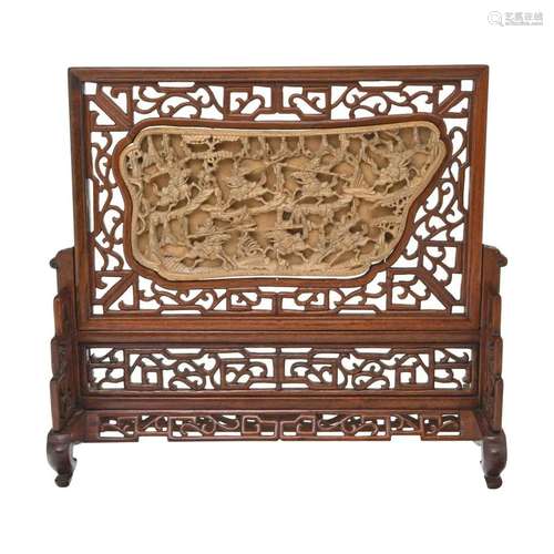 Pierced Wood Table Screen with Battle Scene