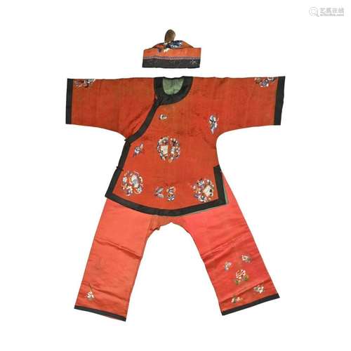 Chinese Orange Ground Silk Embroidered Child Jacket Set