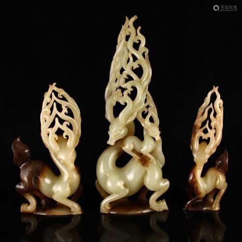 Set Three Superb Chinese Hetian Jade Fortune Deer Statues