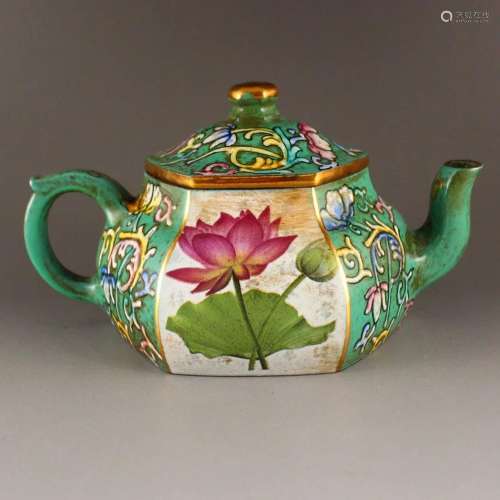 Chinese Green Ground Famille Rose Zisha Clay Teapot