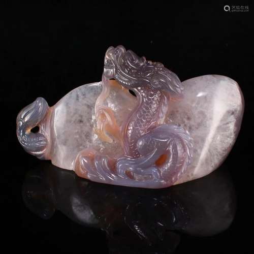 Chinese Natural Agate Carved Fortune Dragon Statue