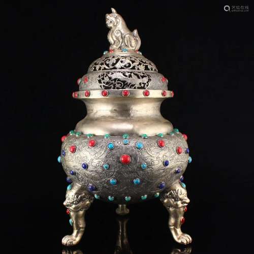 Openwork Pure Silver Inlay Gem Unicorn Incense Burner