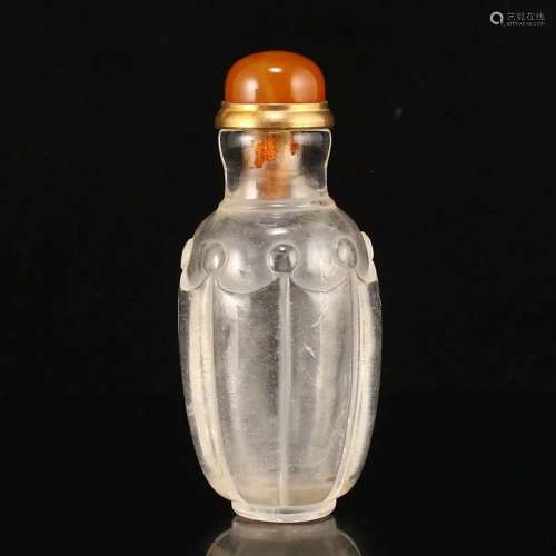 Qing Dy White Crystal Snuff Bottle w Red Agate Stopper