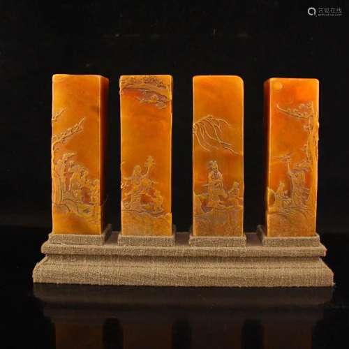 Set Four Chinese Qing Tianhuang Stone Low Relief Seals w Box