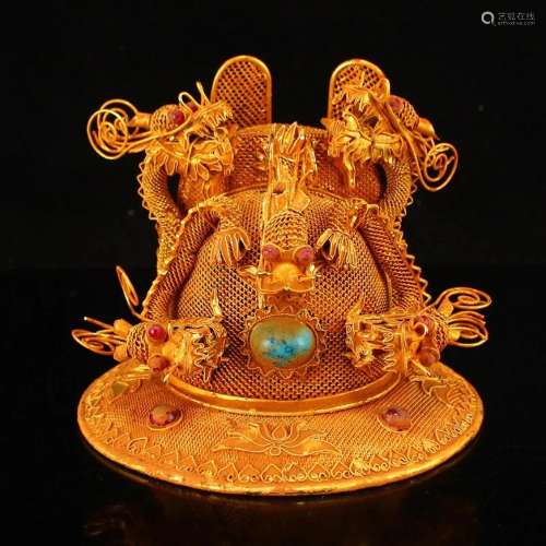 Beautiful Chinese Gold Wires Inlay Gem Dragon Crown