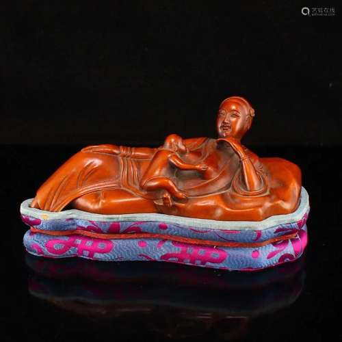 Vintage Chinese Boxwood Wood Mother & Son Statue