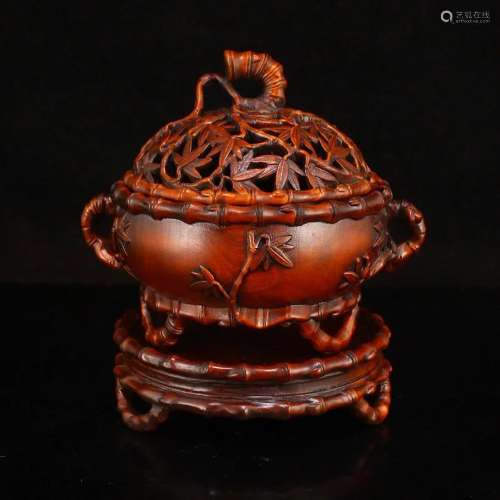 Openwork Chinese Boxwood Wood Carved Bamboo Incense Burner w...