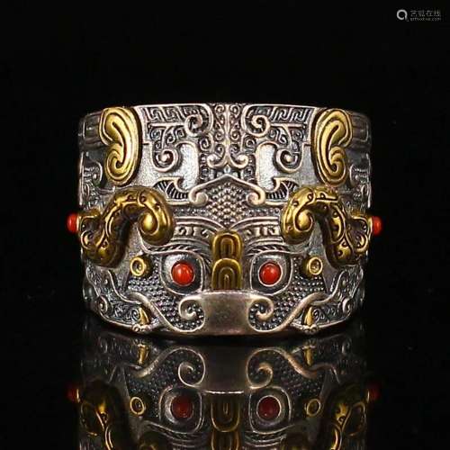 Chinese Pure Silver Inlay Gems Beast Face Ring