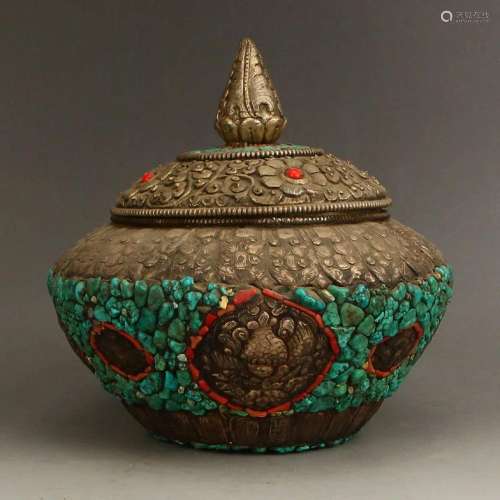 Tibetan Buddhism Silver Inlay Turquoise Pot
