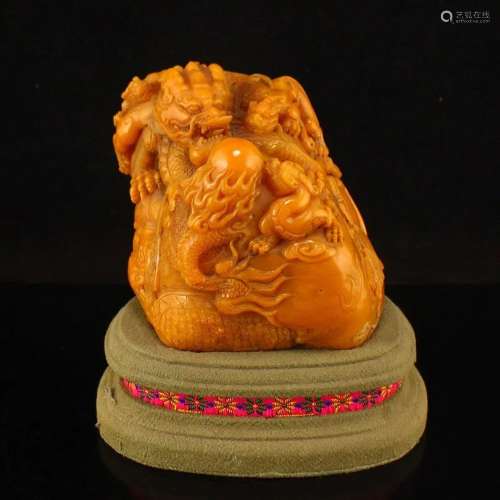 Qing Dy Tianhuang Stone Lucky Dragon & Fireball Seal Sta...