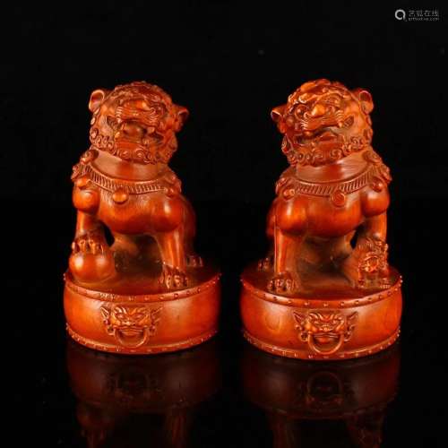 A Pair Vintage Boxwood Wood Carved Lucky Lion Seals