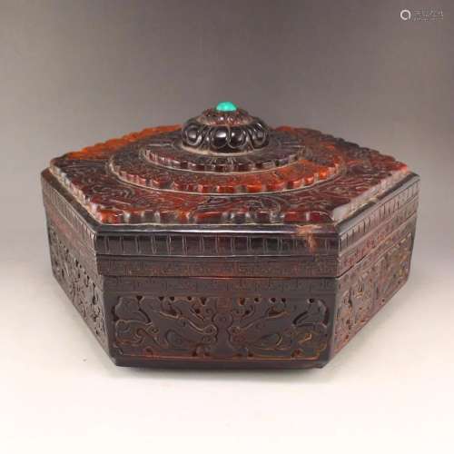 Vintage Ox Horn Inlay Gem Six Hexagonal Jewelry Box