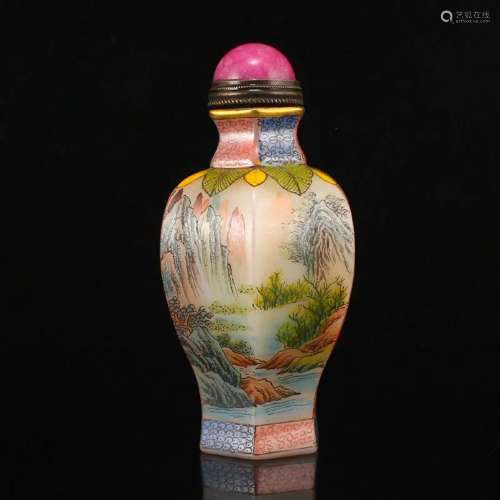 Gilt Edge Famille Rose Mountain River Scene Peking Glass Snu...