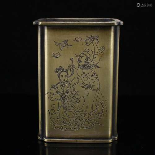 Vintage Chinese White Copper Figure Design Brush Pot