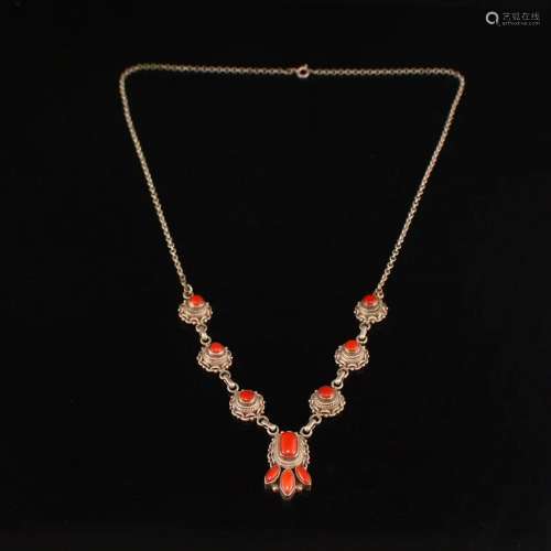 Vintage Chinese Pure Silver Inlay Red Coral Necklace