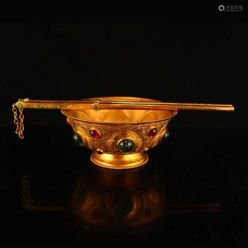 Gilt Gold Red Copper Inlay Gems Bowl & Chopsticks
