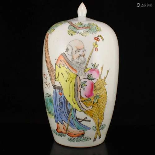 Famille Rose Longevity Taoism Deity Design Porcelain Jar w L...