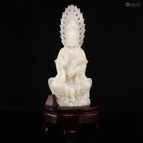 Chinese Qing Dy White Hetian Jade Ruyi Kwan-yin Statue