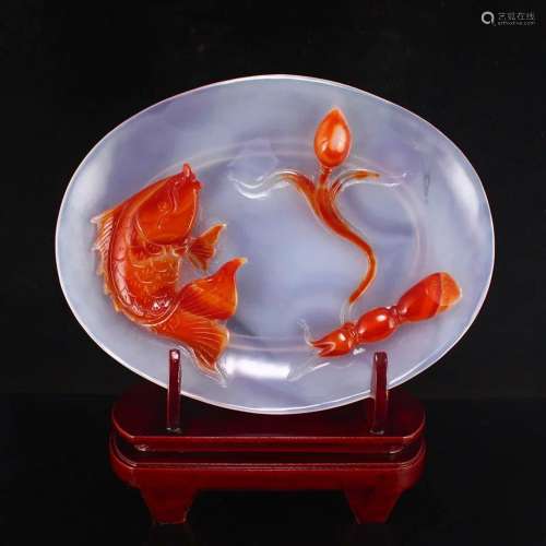 Chinese Agate Lotus Flower & Carp Plate w Certificate