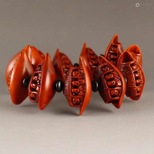 Hand Carved Olive Nut Figure & Boat Bracelet