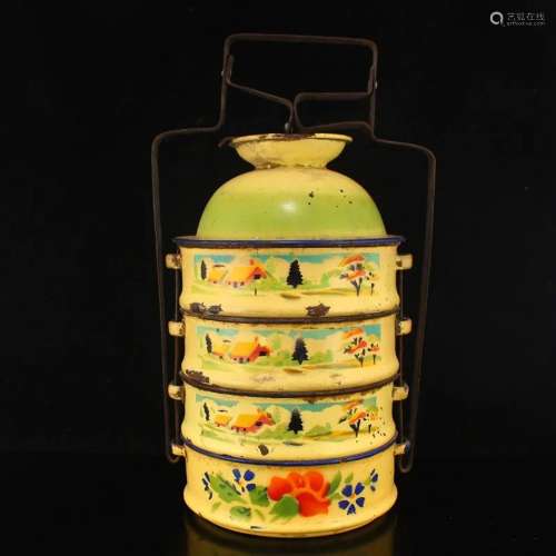 Vintage Chinese Enamel Four Layer Handle Food Box