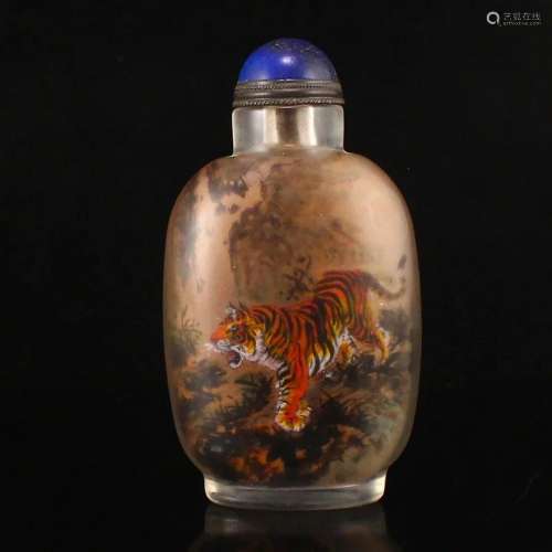 Old Peking Glass Inside Painting Tiger Snuff Bottle