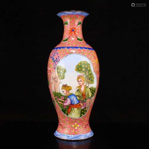 Vintage Chinese Red Copper Enamel Vase w Qianlong Mark