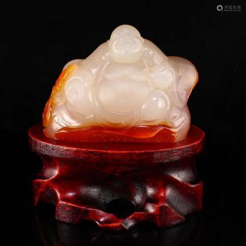 Chinese Agate Carved Laughing Buddha Statue w Certificate