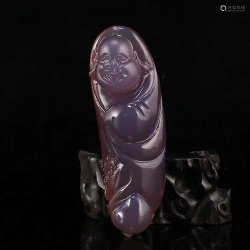 Chinese Agate Carved Laughing Buddha Pendant