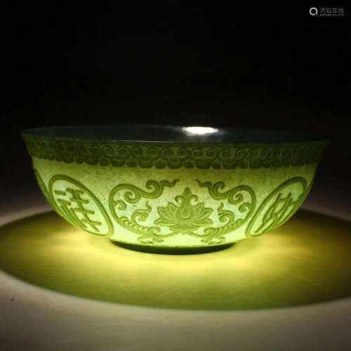 Superb Chinese Green Hetian Jade Low Relief Bowl