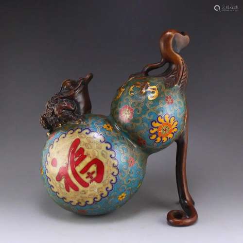 Vintage Red Copper Cloisonne Fortune Toad & Gourd Statue