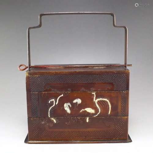 Vintage Chinese Red Copper Crane & Pine Tree Food Box