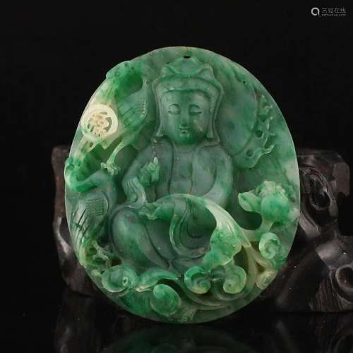 Chinese Dushan Jade Carved Ruyi Kwan-yin & Lotus Pendant