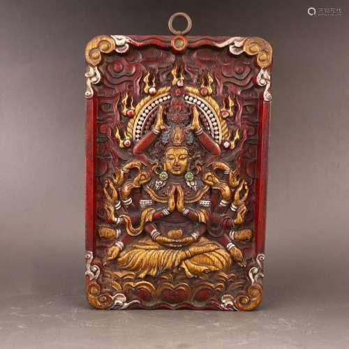 Vintage Tibetan Buddhism Colored Zitan Wood Tangka