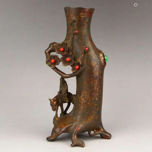 Chinese Bronze Inlay Gem Figure Plum Flower Brush Pot