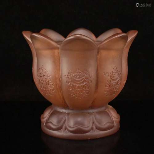 Chinese Peking Glass Buddhism Lotus Shape Oil Lamp