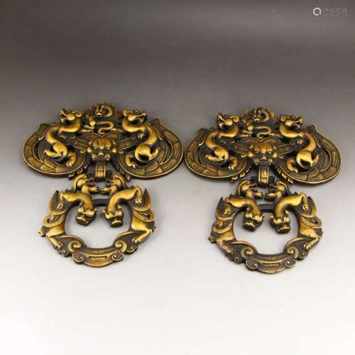 A Pair Vintage Chinese Brass Chi Dragon Door Knockers