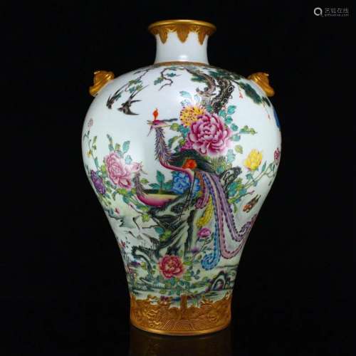 Qing Dy Gilt Gold Famille Rose Porcelain Big Vase