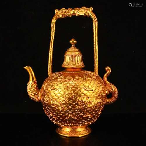 Gilt Gold Red Copper Clouds Dragon Design Handle Teapot
