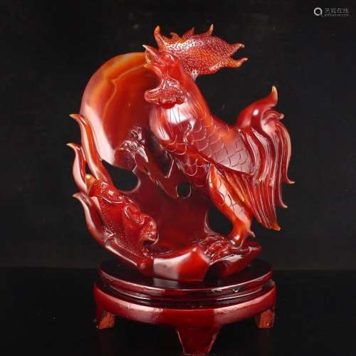 Chinese Red Agate Rooster Statue w Certificate