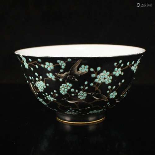 Black Ground Famille Rose Magpie Porcelain Bowl