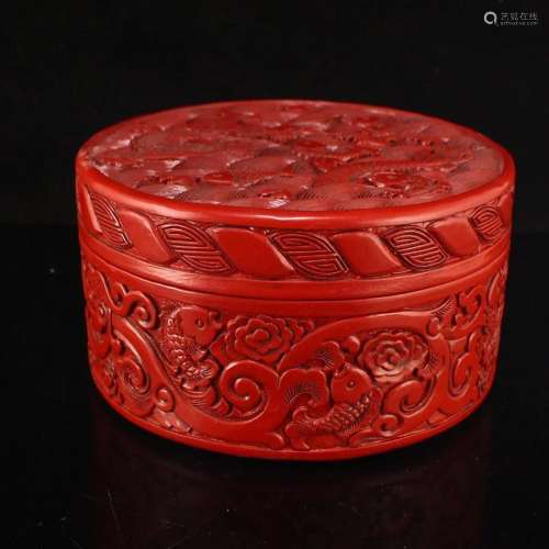 Old Red Lacquerware Low Relief Draogn & Fish Design Box