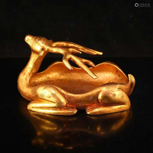 Chinese Gilt Gold Red Copper Lucky Deer Brush Washer